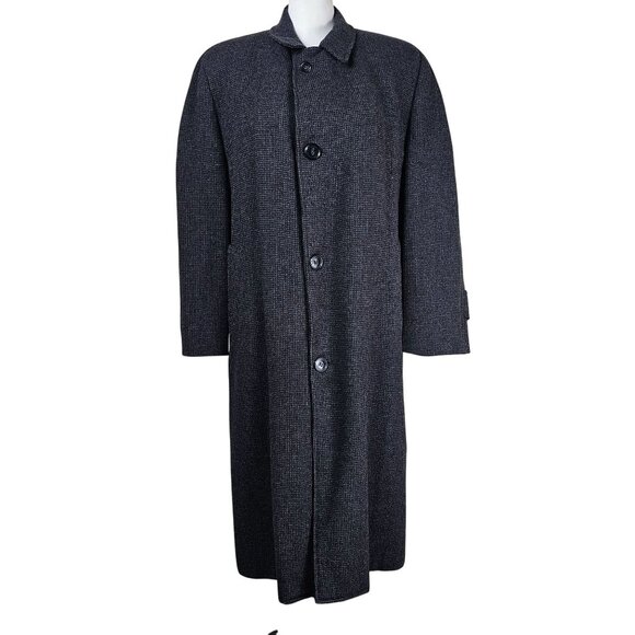VTG 70s Mens Houndstooth Tweed Wool Overcoat Sz L Long Gray Zip Out Quiet Luxury - Picture 1 of 13